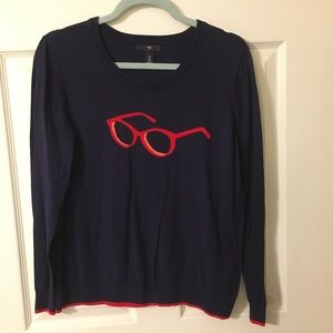 Navy blue, red eyeglass sweater